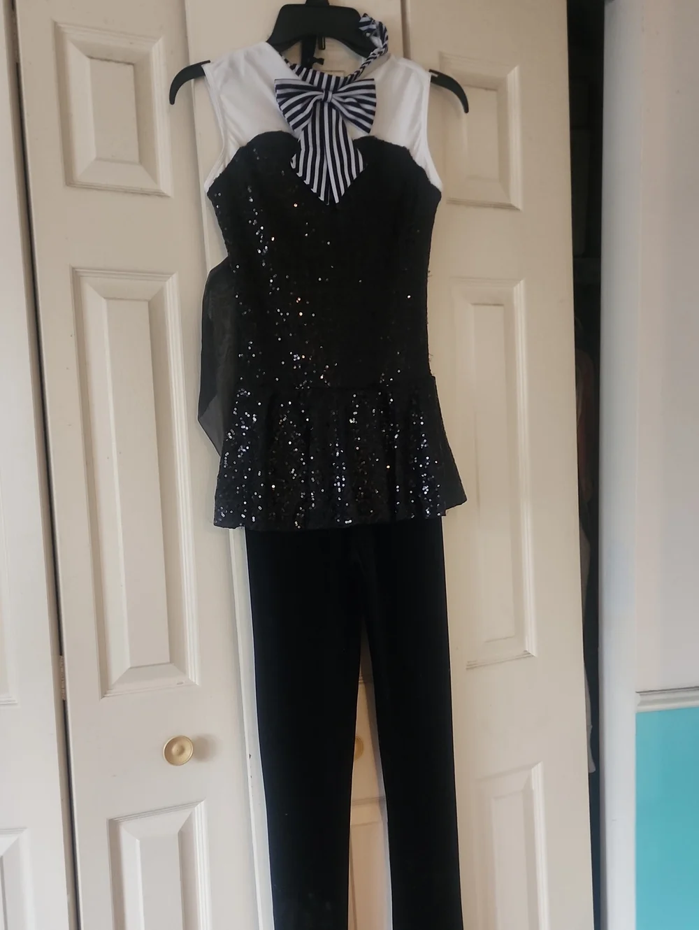 Black Sequin Peplum Dance Costume with White Accents